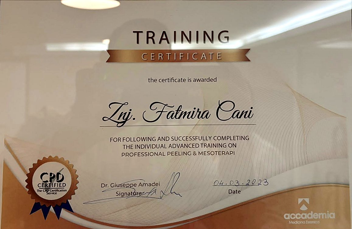 Certifikatë: Trajnim i avancuar: peeling profesional & mezoterapi, Accademia Medicina Estetica · CPD