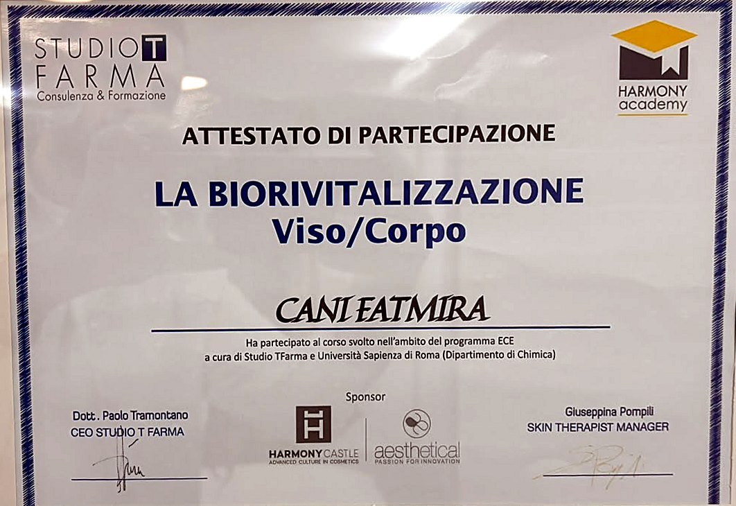 Certifikatë: La Biorivitalizzazione — fytyrë, Studio T Farma & Harmony Academy · programi ECE