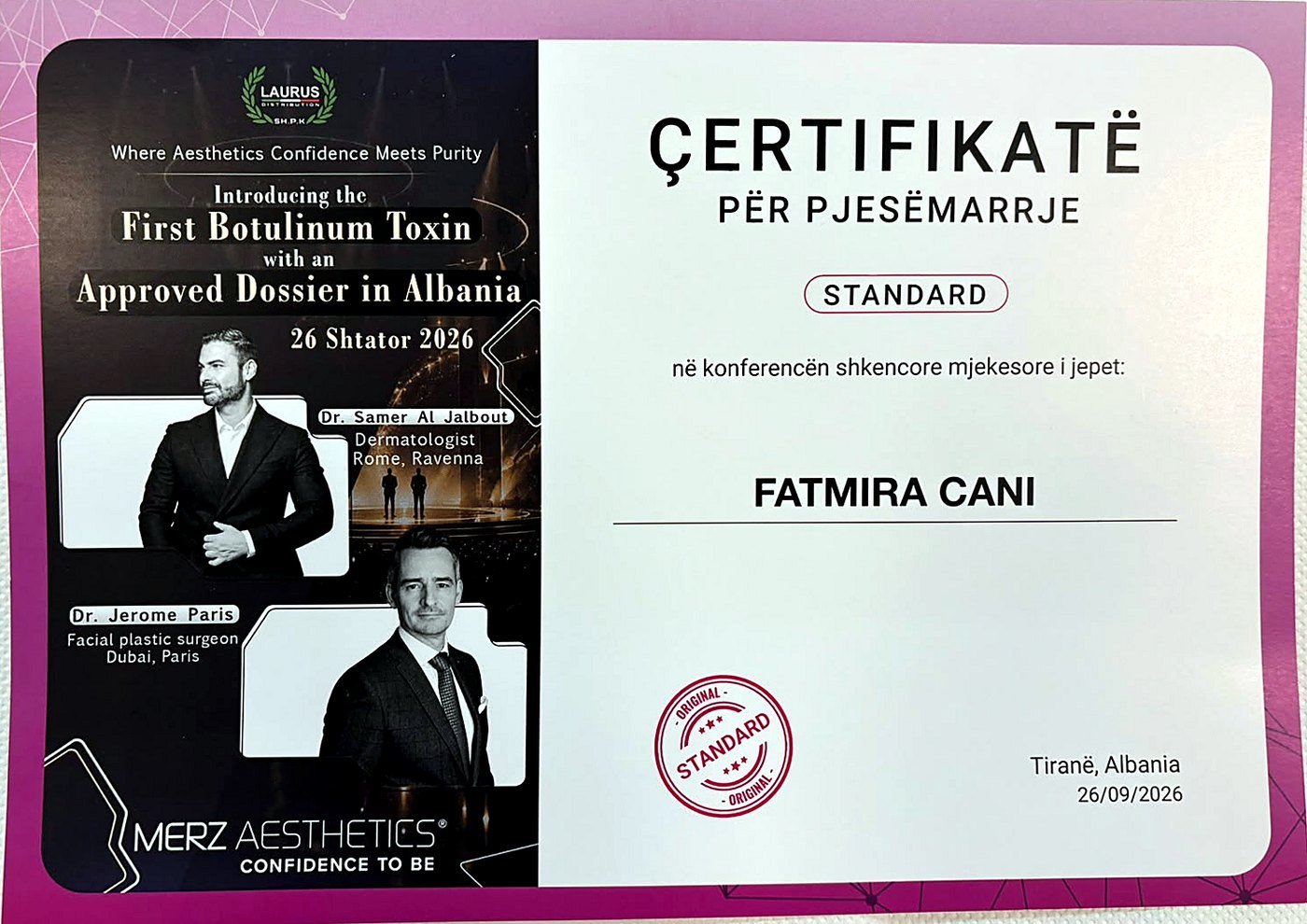 Certifikatë: Konferencë shkencore — Botulinum Toxin, Merz Aesthetics & Laurus · Tiranë