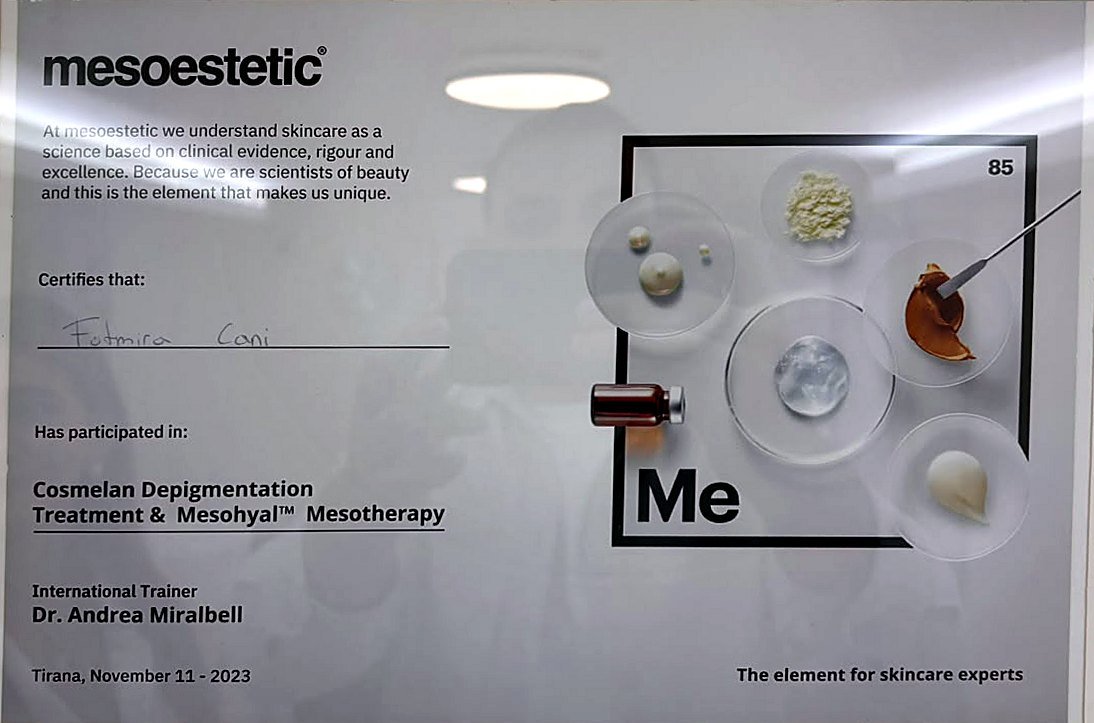 Certifikatë: Cosmelan (depigmentim) & mezoterapi Mesohyal™, mesoestetic · Tiranë