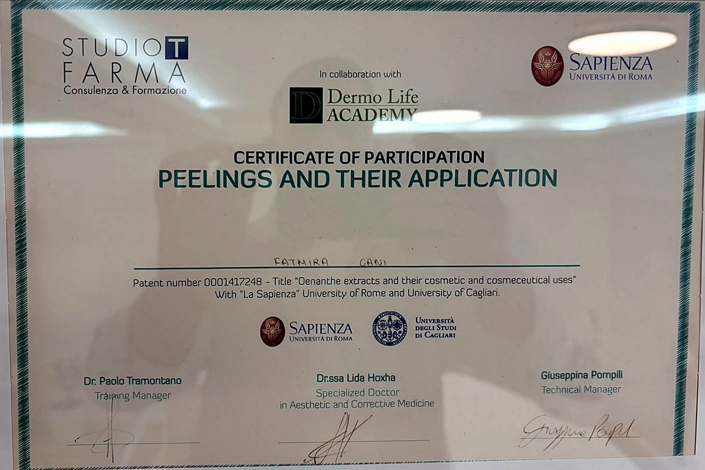 Certifikatë: Peelings and their application, Studio T Farma & Dermo Life Academy · me Sapienza, Romë