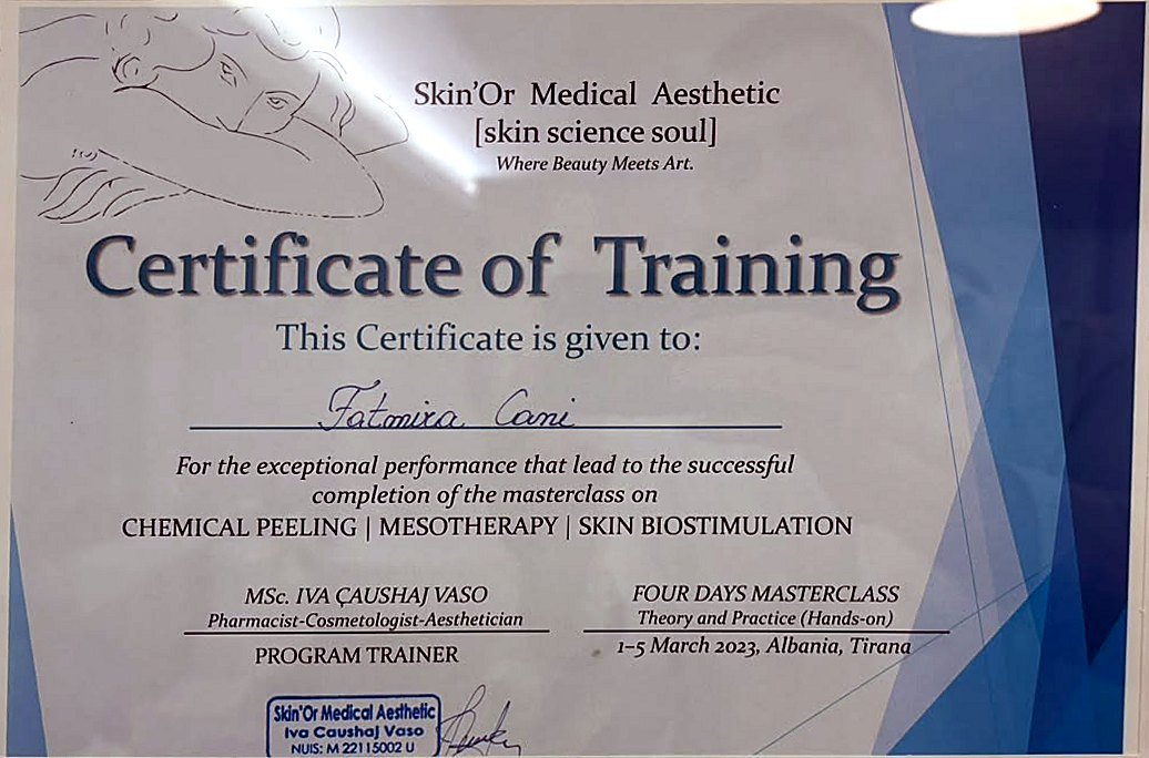 Certifikatë: Masterclass: peeling kimik, mezoterapi, biostimulim, Skin'Or Medical Aesthetic · Tiranë